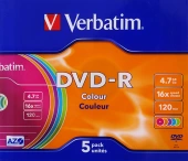 Диск DVD-R Verbatim 4.7Gb 16x Slim case (5шт) Color (43557)
